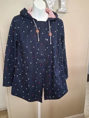Talbots Navy Polka Dot Hooded Raincoat with Red-Striped Lining